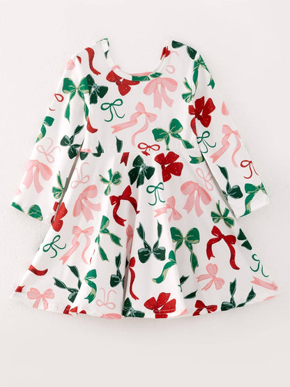 Girls Christmas Bow Print Dress: 2T