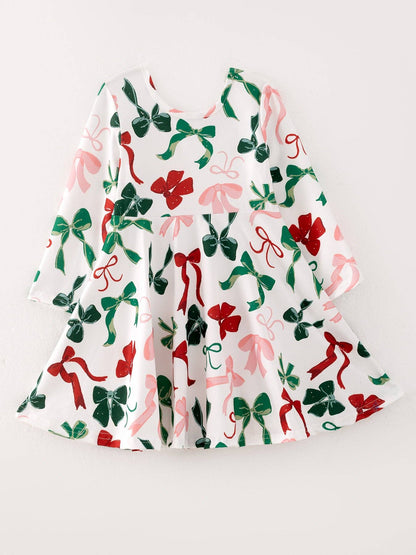 Girls Christmas Bow Print Dress: 4T